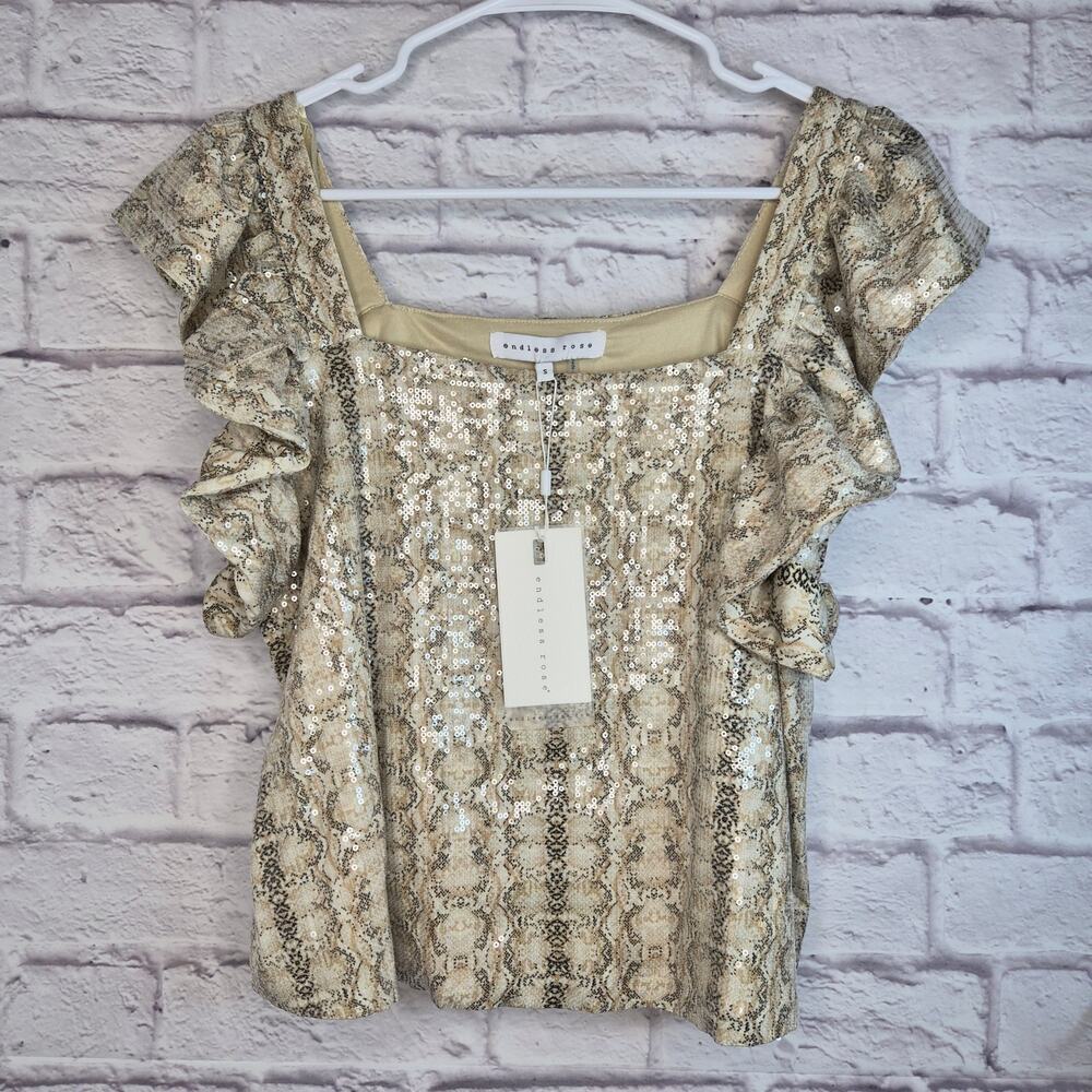 NWT Endless Rose Sequin Python Snakeskin Babydoll Top Ruffle Small Multi - Picture 2 of 10